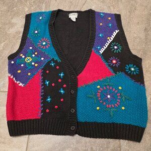 Koret Petites Women's Full Zip Sweater vest Floral Knit  Size L Red Blue black